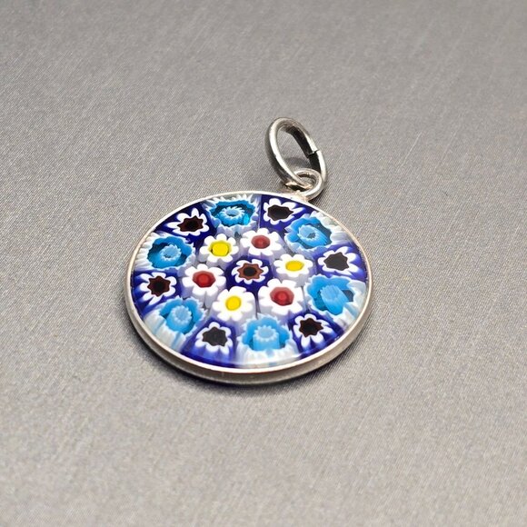 Murano Glass Millefiori Pendant 1" Sterling Silver Blue White Italy Signed PD - Picture 2 of 9